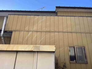 外壁にハクビシンンのマーキングの跡がある
（白い弧を描いている線）